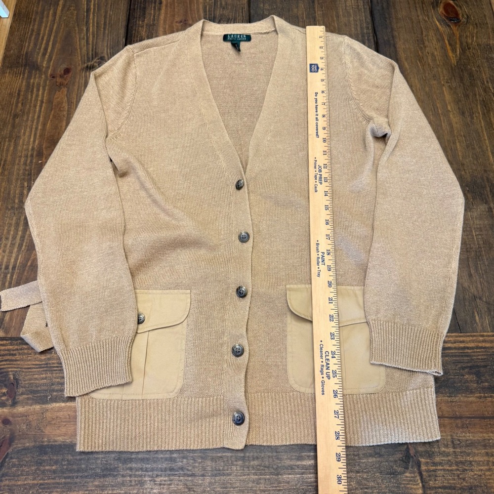 Lauren Ralph Lauren Womens Tan Linen Cotton Belted Cargo Pocket Cardigan Large - Picture 4 of 8